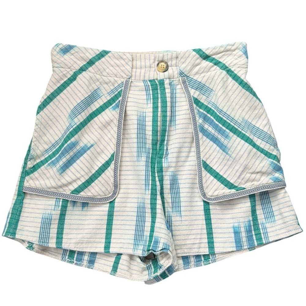 A2 Urban Outfitters‎ Shorts Ikat Stripe High Waist Boho Teal Blue Cotton Pockets